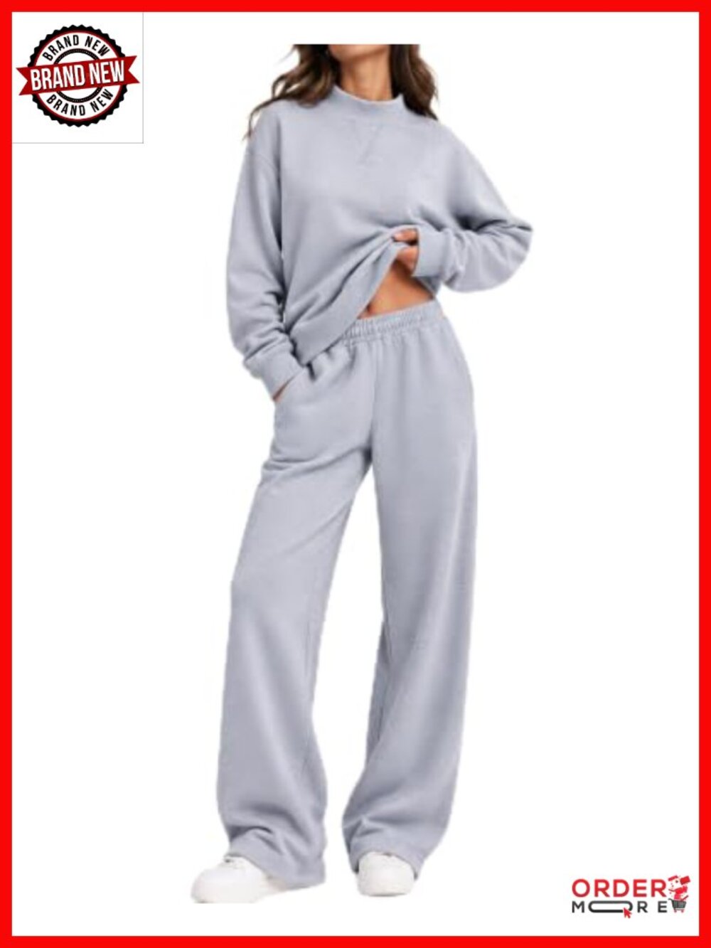 SUUKSESS Women Cotton 2 Piece Outfit Mock Neck Sweatshirt Wide Leg Pants